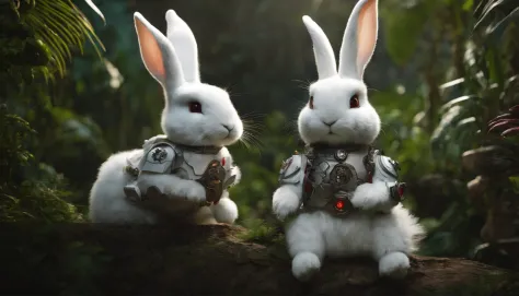 Battle mech white rabbit in the jungle，Wear high-tech goggles，Tropical rainforest environment，studio lit，Beautiful woman in a furry bunny suit，The forehead is decorated with precious stones，Silver pen drawings，清晰的线条，Global close-up，Sit on a white fighter m...