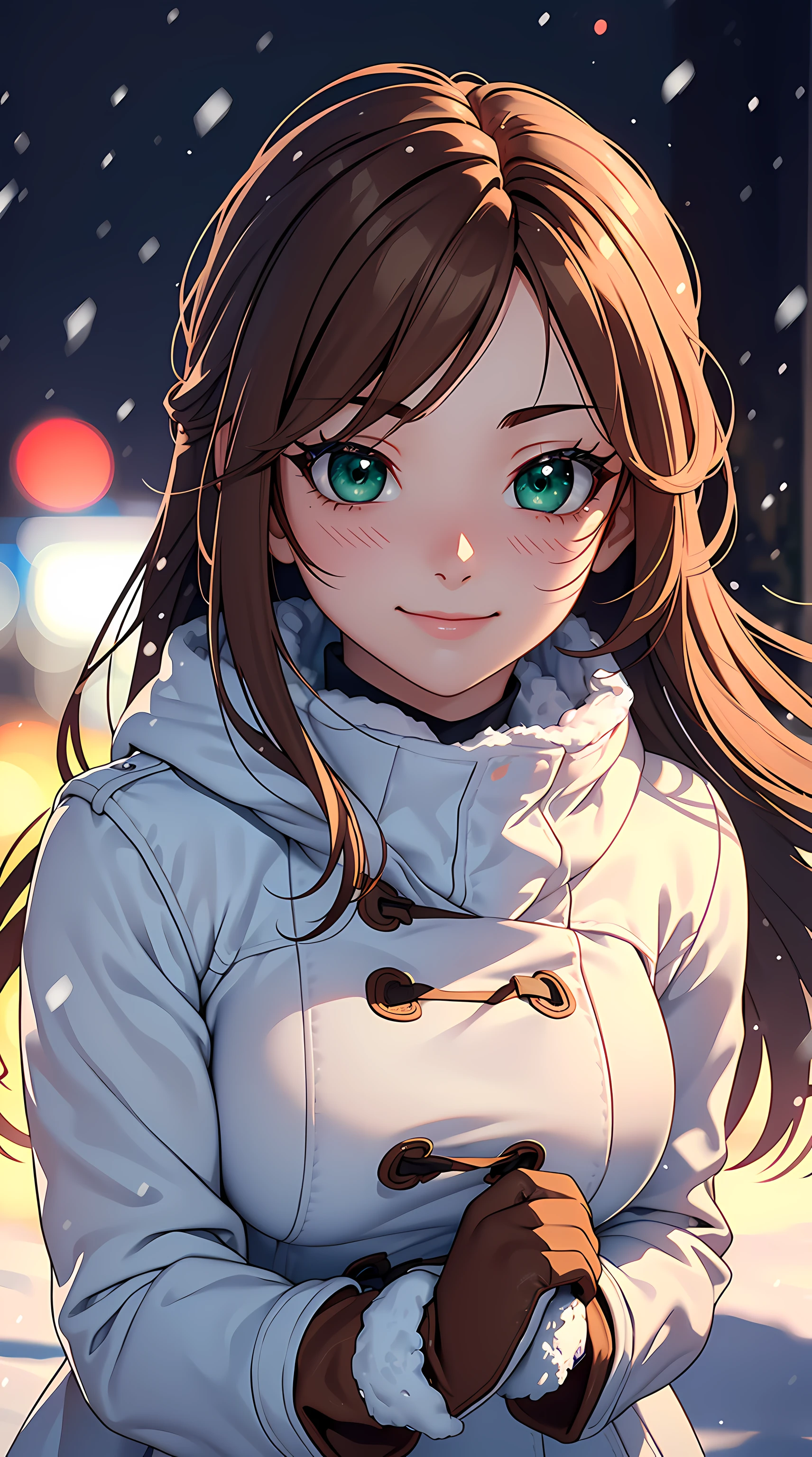 ((masterpiece, best quality, high resolution, UHD, perfect pixel, depth of field, 4k, RTX, HDR, extremely detailed)), 1girl, single, solo, 24 years old, beautiful anime girl, beautiful art style, anime character, sly smile, beautiful smile, ((long hair, brown hair)), (green eyes:1.4, rounded eyes, beautiful eyelashes, realistic eyes, extremely detailed pupil), (detailed face, blushing:1.2), (smooth texture:0.75, realistic texture:0.65, photorealistic:1.2, cinematic, anime CG style), medium breasts, upper body, perfect body, busty, (dynamic angle, POV, close up), ((winter clothes, long coats, mittens, gloves, long underwear)), night, city lights, bokeh:1.4, (outdoor, city buildings, crowd), ((winter, snowfall:1.8, heavy snow, wind, wind blows)), (graceful, prestigious, glorious, elegant, aesthetic)