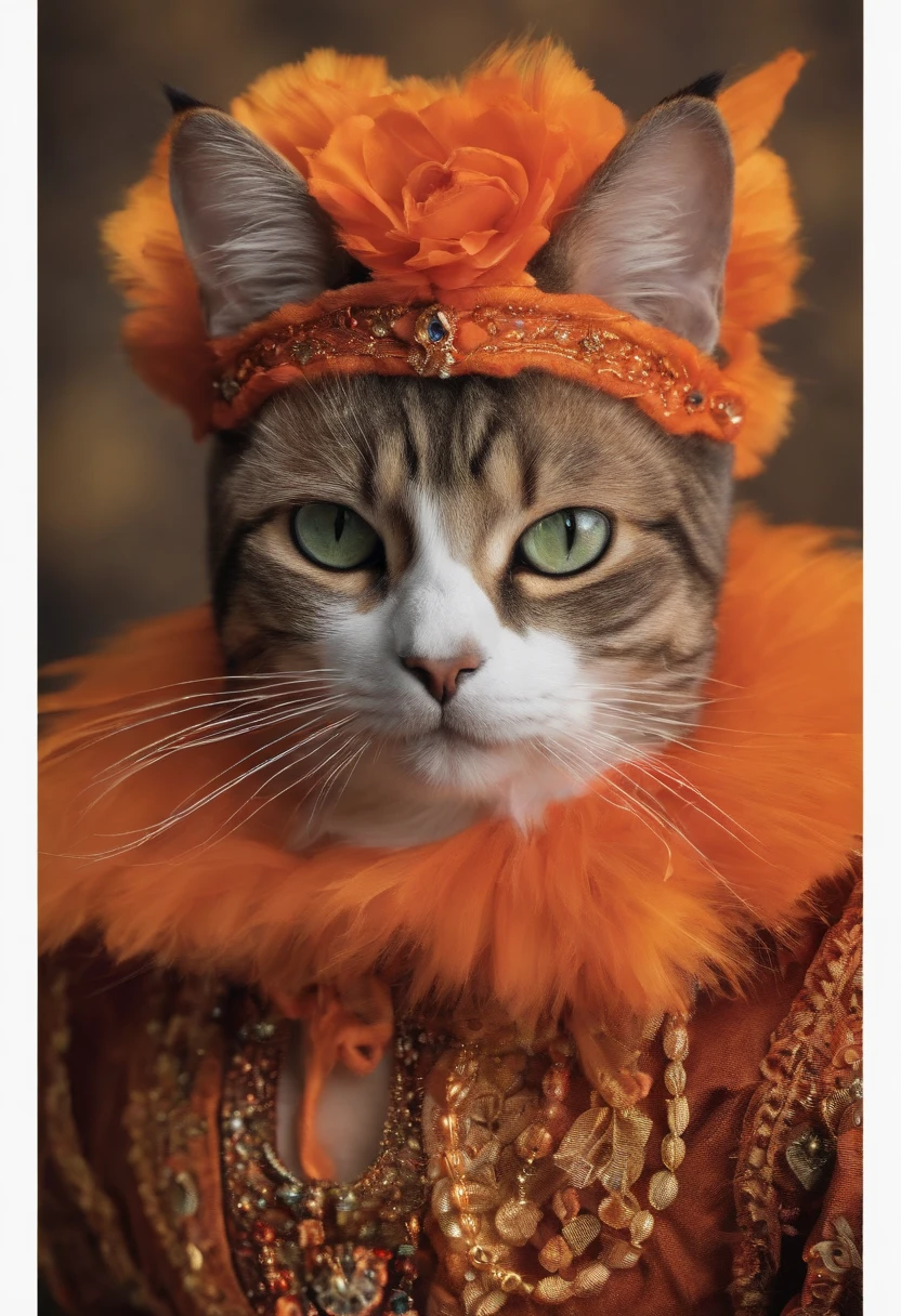 A close up of a cat wearing a fancy orange dress - SeaArt AI