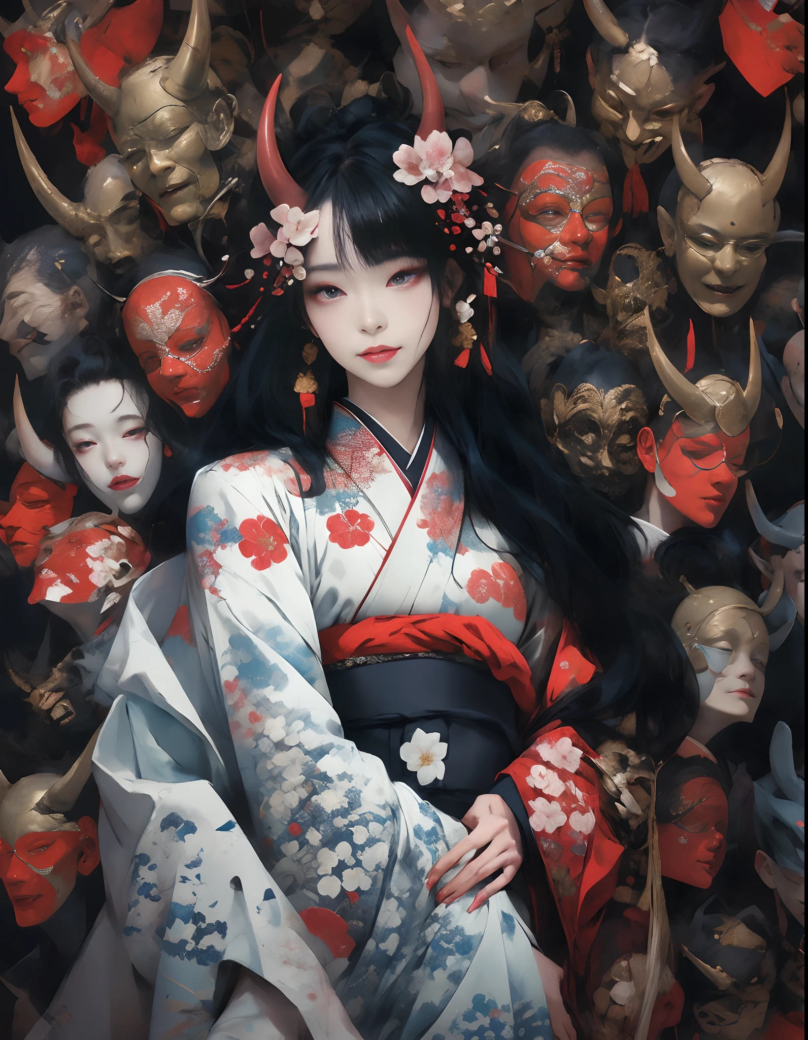 (masterpiece:1.2), best quality,PIXIV,
black hair, japanese clothes, floral print, 1girl, hair ornament, horns, sitting, looking at viewer, flower, kimono, blue eyes, hair flower, earrings, long hair, haori, jewelry, own hands together, tassel, wide sleeves, red eyes, closed mouth, long sleeves, print kimono, black kimono, hakama, bangs, smile