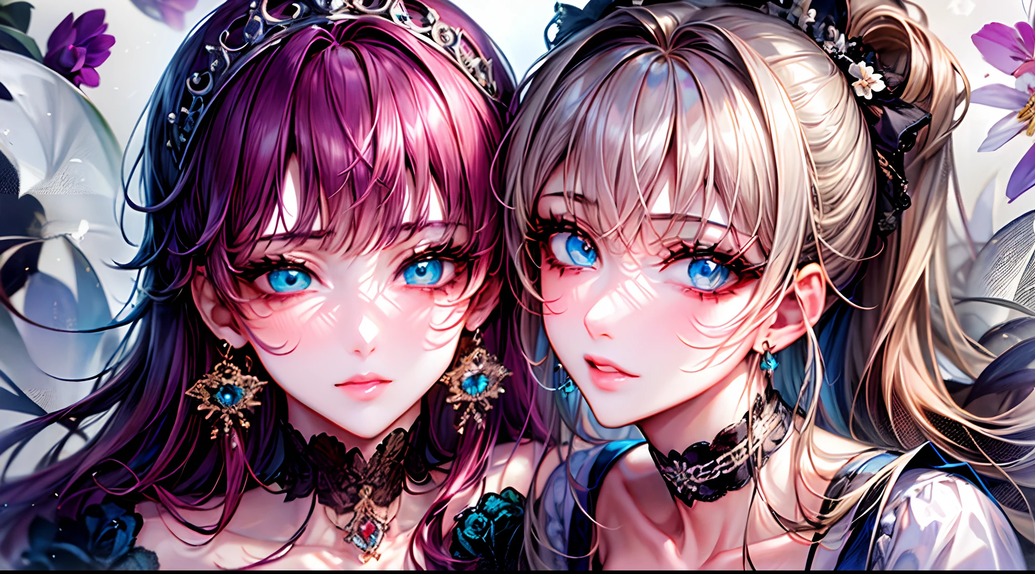 shoujo-style, floral background, romance manhwa, (2girls:1.3), couple, brown hair, purple hair, solo, long hair, flower, dress, tiara, white dress, gloves, long sleeves, choker, blue eyes, green eyes, mascara, makeup, white gloves, black bow, black flower, drill hair, ponytail, bow, jewelry, looking at viewer, white background, collarbone, cleavage, puffy sleeves, silver accessories, blunt bangs, forehead, very long hair, blue dress, frills, bangs, closed mouth, detailed eyes, (close up), gleaming skin, shiny glossy skin,