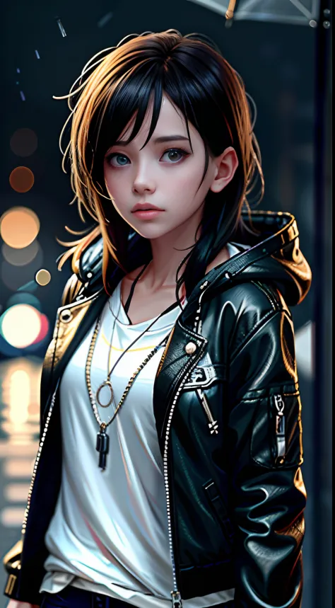 1girl, jacket, rain, outdoor, hoodie, open jacket, chain, backpack, looking at another, messy hair, trending on artstation, 8k r...