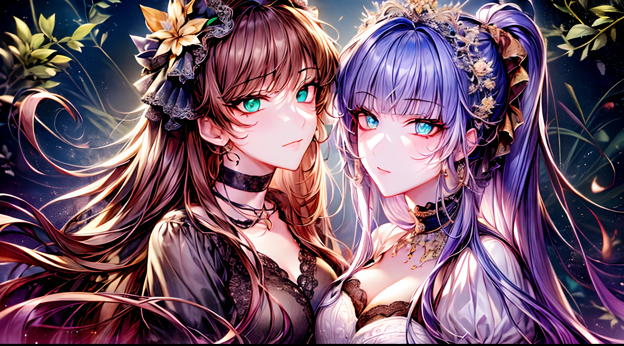 shoujo-style, floral background, romance manhwa, (2girls:1.3), couple, brown hair, purple hair, solo, long hair, flower, dress, tiara, white dress, gloves, long sleeves, choker, blue eyes, green eyes, mascara, makeup, white gloves, black bow, black flower, drill hair, ponytail, bow, jewelry, looking at viewer, white background, collarbone, cleavage, puffy sleeves, silver accessories, blunt bangs, forehead, very long hair, blue dress, frills, bangs, closed mouth, detailed eyes, (close up), gleaming skin, shiny glossy skin,