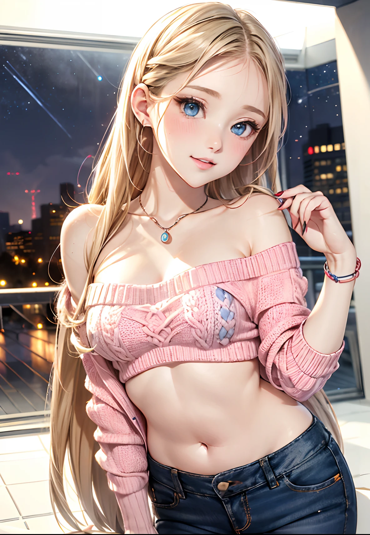 absurderes, Ultra-detail,bright colour,(in 8k:1.3),masuter piece,extremely beautiful detailed face and eyes,8k,(Deep Blue Eyes:1.2),(Loose Size Pink Argyle Knit:1.4),(Short denim:1.2),Cute smile、Synchrosis Necklace、Stylish bracelets,Inside the boutique,(Full body:1.2)   X-Hair,Aurora、city light、constellation、Crescent,intergalactic,lamp post, Particles of light,  milkyway, natta, nigh sky, outside of house, planets, Power lines, shooting stars,  Skysky, Skyscraper, solo、stargazing,star_\(skyporn\)、starrysky、Winters、(Smooth straight blonde hair:1.3), (Shiny hair:1.2), Delicate beautiful face, red blush、