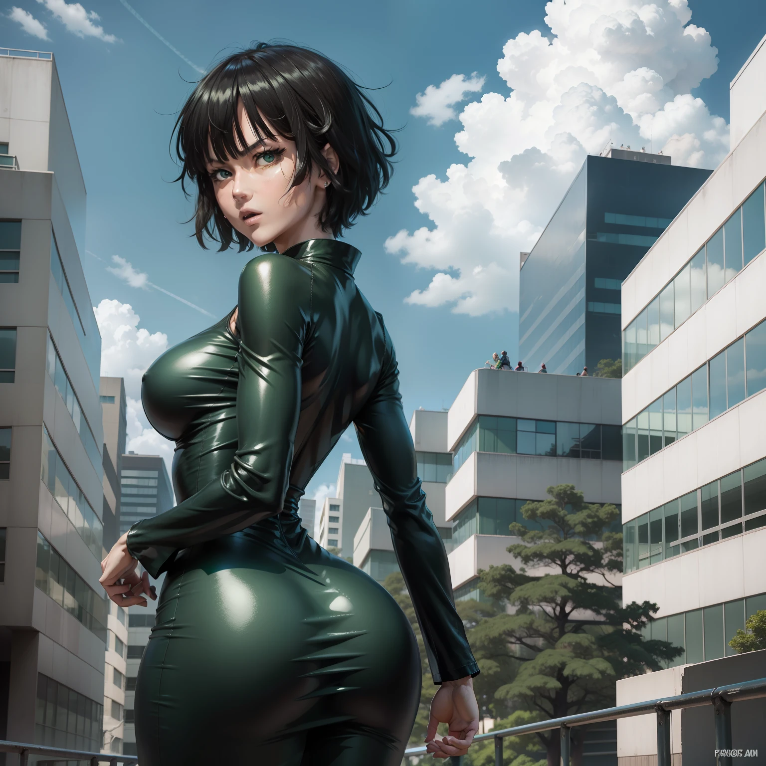 Fukibi in One-Punch-Man. sexy. Grün. Sturm. fliegend. blauer Himmel. Gebäude, Hintern zur Kamera, Rückansicht, enges Kleid