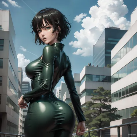 fukibi in one punch man. sexy. green. storm. flying. blue sky. building, butt facing camera, back view, tight dress