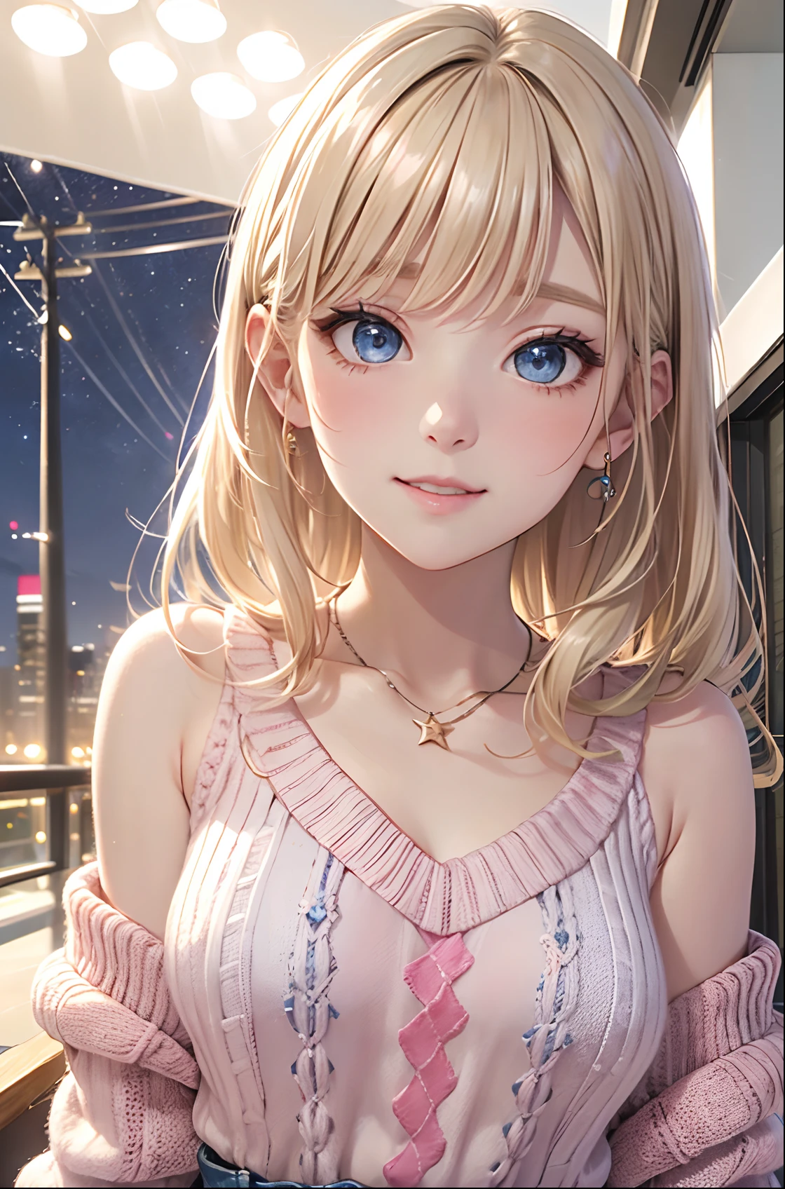 absurderes, ultra-detailliert,bright colour,(At 8K:1.3),masuter piece,extremely beautiful detailed face and eyes,8K,(Deep Blue Eyes:1.2),(Loose Size Pink Argyle Knit:1.4),(Short denim:1.2),Cute smile、Synchrosis Necklace、Stylish bracelets,Inside the boutique,(Full body:1.2) X-Hair,Aurora、city light、constellation、Crescent,intergalactic,lamp post, Particles of light, milkyway, natta, nigh sky, outside of house, planetes, Power lines, shooting stars, Skysky, Skyscraper, 独奏、Stargazing,Star_\(skyporn\)、starrysky、Winters、(Smooth straight blonde hair:1.3), (Shiny hair:1.2), Delicate beautiful face, red blush、