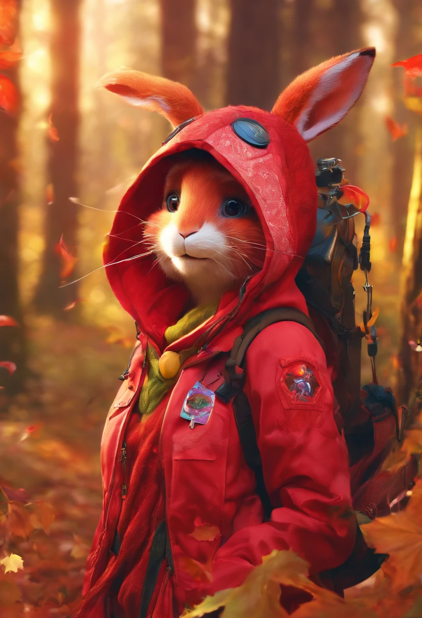 a 3D render (Photograph of an adventurous rabbit sister standing on a path in the autumn leaves), anthropomorphic turtle，Full body，side view，hairy, Clear and beautiful face, Big green bright eyes, Binoculars hanging from her chest, Sister Rabbit wears a green and fashionable adventure outfit, Red hiking boots on his feet, , cute ears, Red and green camping hats, fashionable sunglasses, Carry a green shoulder bag with you, trowels, Camping gear, A compass associated with many adventure tools, Curious to explore expressions, Cartoon, 4D, Fox,cartoony， Background: Autumn Leaf Forest Trail Red Forest, autumn forest, red illuminating fog, In a red dream, really beautiful forest, Beautiful forest, Beautiful hazy wood, Red shade spray, Breathable and beautiful trees, breath-taking beautiful trees, red fog, beautiful forests and trees, Bright but dark red, red trees,concept art of character,Photography,Clear facial features,A beautiful painting by Alphonse Mucha,Pixar style,Cartoon style,beatrix potter （beatrix potter） 's illustration,Works by Art Guéran,Masterpiece,Matte painting,dreamlike realism,magic realism,Dreamlike,author：Owen Blumenfeld,petra collins,author：natalia drepina,Dreamy atmosphere,Whimsical atmosphere,Ethereal atmosphere,Romantic atmosphere,illusory engine,Quixel Megascans Render,v-ray,UE5,High detail,hyper qualit,high resolution,trending on artstationh,8K16K,hyper photorealism,Depth of field (degrees of freedom),cinema shot,Beautiful lighting, --AR 9:16 --style raw --uplight