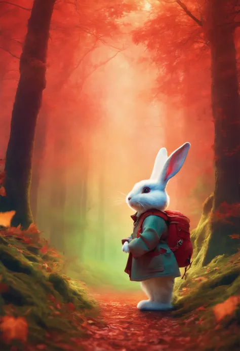(A photo of an adventurous little white rabbit sister standing on a path of autumn leaves), anthropomorphic turtle，full bodyesbian，Rear view，hairy, Clear and beautiful face, Big green bright eyes, Binoculars hanging from her chest, Sister Bunny wears a gre...