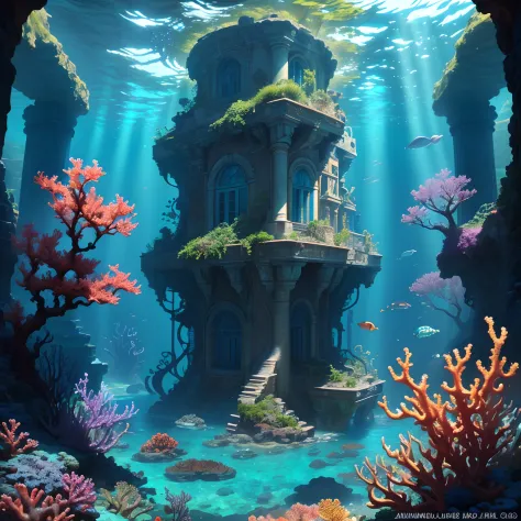 The underwater world of Atlantis, deep sea, epic reality, (hdr: 1.4), dappled sunlight, cool colors, ancient ruins, ocean-type houses full of design sense, deep-sea creatures, coral, fantastic and incredible, epic composition , (Complicated Detail), (Compl...