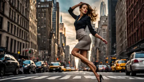 Wide photograph capturing a businesswoman in a tight skirt, showcasing her elegance and power. She jumps dynamically on a street...
