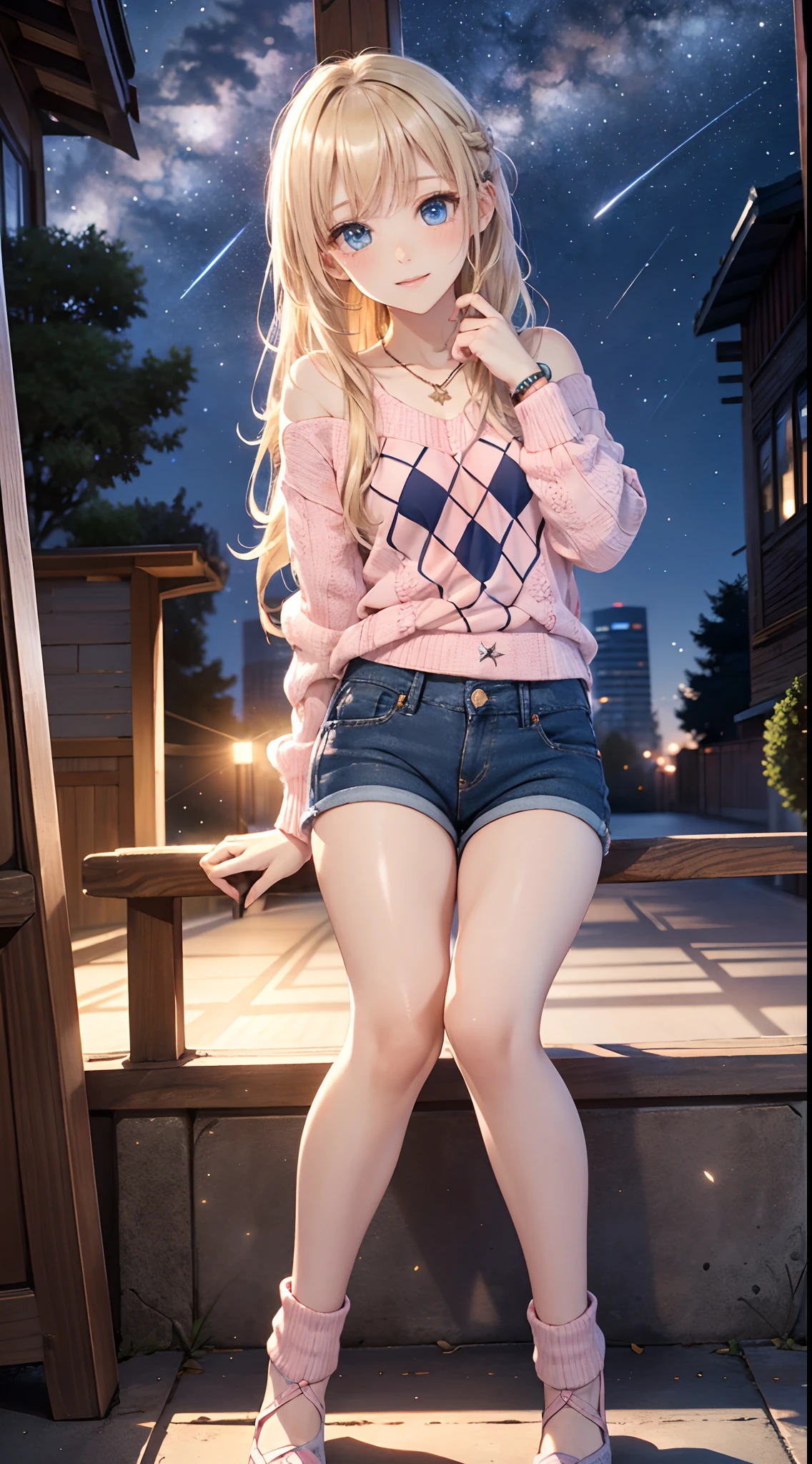 absurderes, Ultra-detail,bright colour,(At 8K:1.3),masuter piece,extremely beautiful detailed face and eyes,8K,(Deep Blue Eyes:1.2),(Loose Size Pink Argyle Knit:1.4),(Short denim:1.2),Cute smile、Synchrosis Necklace、Stylish bracelets,Inside the boutique,(Full body:1.2) X-Hair,Aurora、city light、constellation、Crescent,intergalactic,lamp post, Particles of light, milkyway, natta, nigh sky, outside of house, planets, Power lines, shooting stars, Skysky, Skyscraper, solo、Stargazing,Star_\(skyporn\)、starrysky、Winters、(Smooth straight blonde hair:1.3), (Shiny hair:1.2), Delicate beautiful face, red blush、