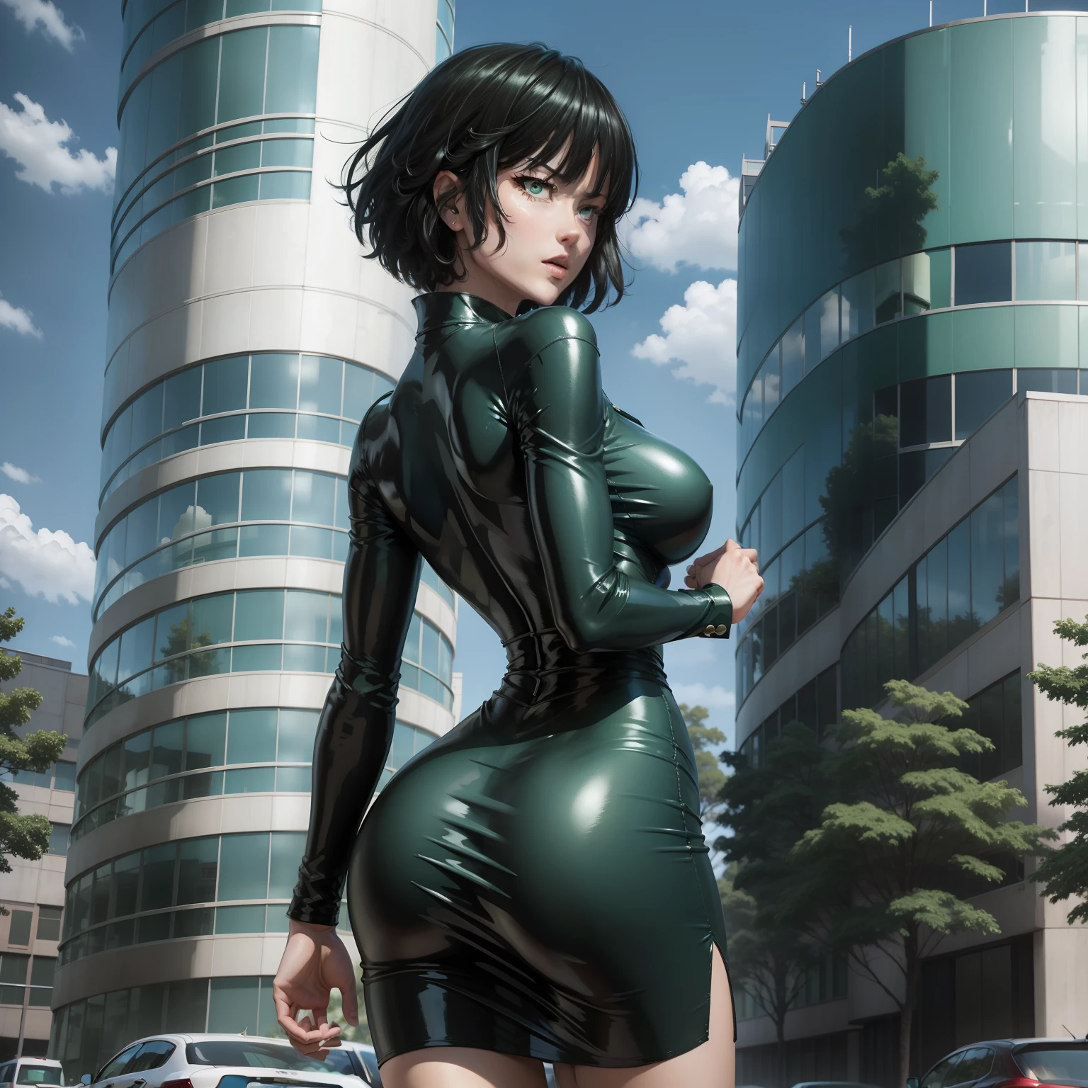 Fubuki in one punch man. Sexy. Green. Storm. Flying. Blue sky. Building, butt facing camera, back view, tight dress