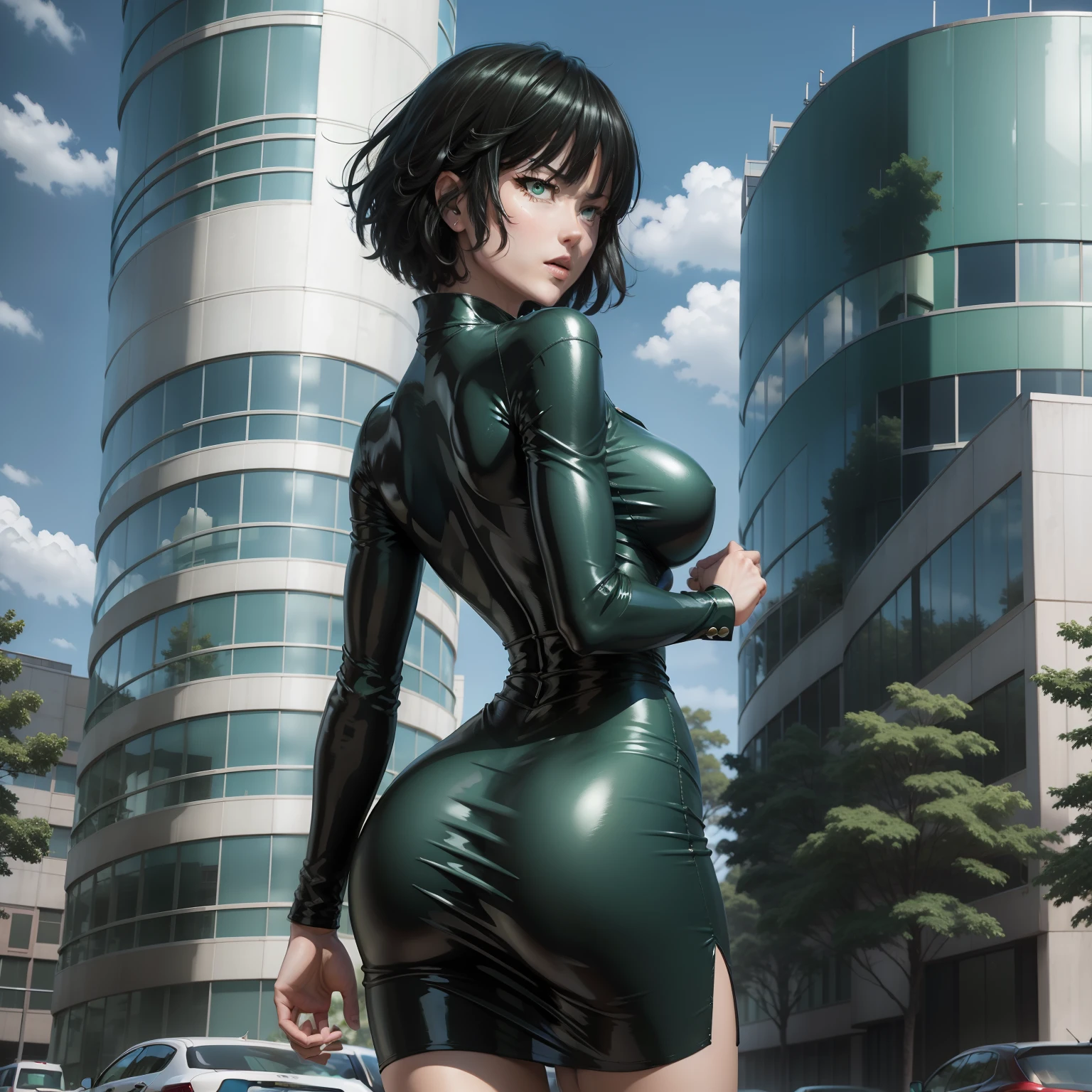 Fubuki em um homem de soco. sexy. verde. tempestade. Vôo. céu azul. prédio, câmera de frente para a bunda, vista traseira, vestido apertado