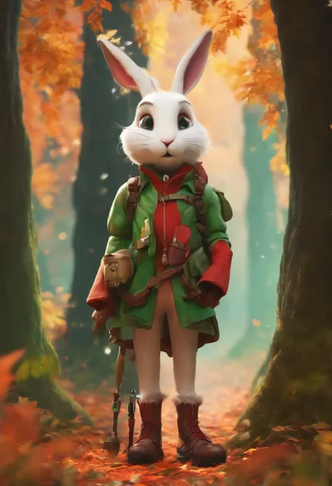 (Photograph of an adventurous little white rabbit sister standing on an autumn foliage path), ，full bodyesbian，（Side rear view），（Carrying trekking poles），hairy, Clear and beautiful face, Clear white paws，(Big green bright eyes), ( Binoculars hanging from h...