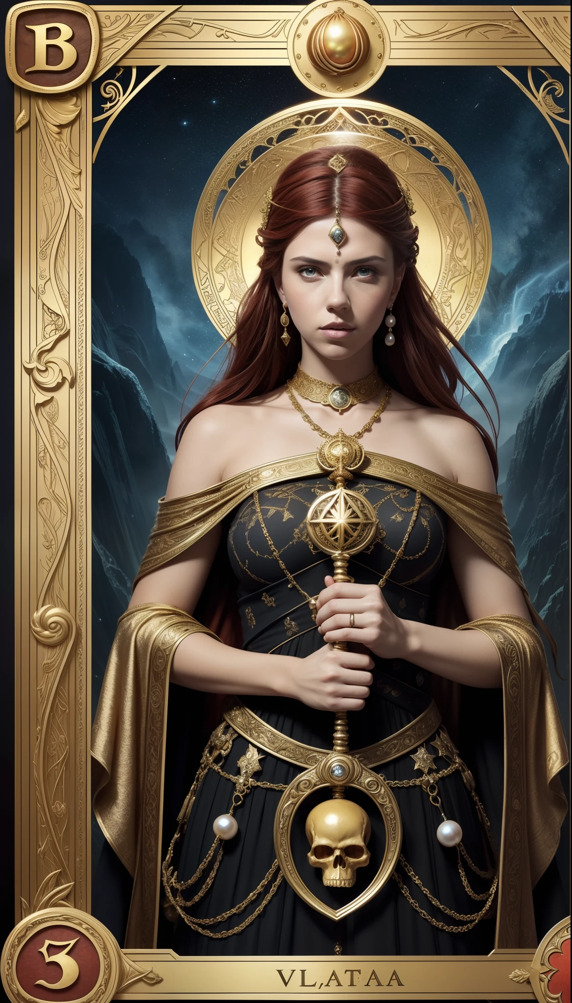 Tarot-Karten，Vollständiger Tarotrand，(Das Bild ist von einem Rand im Tarotkarten-Stil umgeben:1.8), (Schlanker Kopf)Scarlett Johansson （Scarlett Johansson） Porträt einer 32-Jährigen，Hades，（tragen：schwarze Toga，Bewaffnet mit einer riesigen Sense，），Große Giganten，wütender Blick，(Frisuren: mit lockigem rotem Haar，)，Römische Mythologie，8k Hintergrundbild,feine Qualität Augen，rechte Augen，richtige Hand， ultra-detailliert, schön und ästhetisch ansprechend, Meisterstück, bester Qualitäter, (fraktale Kunst: 1.3), Bergketten, extrem detailliert, dynamischer Winkel, Cowboy-Schuss, Die schönsten Formen des Chaos, elegant, FauvistDesigns, lebendige Farbe, Romantik lag, Vulkane,hell, Blasen, Muscheln, Blut, pearlagma,Flamme, Waage, Schädel, Halten Sie die riesige Sense，Vintage-Stil，（Zentangle，Stechapfel，Verwicklungen，Verstrickt）， (fraktale Kunst: 1.3)，Heilige Strahlen，Goldfolie，Blattgold Kunst，Glitzerzeichnung，Vollständiger Tarotrand，（Vollrand 1.5），（Die Mitte der Grenze liegt bei 1.8），zartes Gesicht，Richtige Körperstruktur，