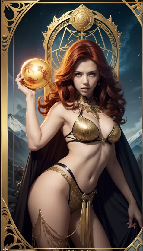 tarot cards，Full tarot border，(The image is surrounded by a tarot card-style border:1.8), (Slender head)scarlettJohansson （Scarlett Johansson） Portrait of a 32-year-old，，Hades，（Wearing：black toga，Armed with a giant scythe，），Great giants，angry look，(Hairsty...