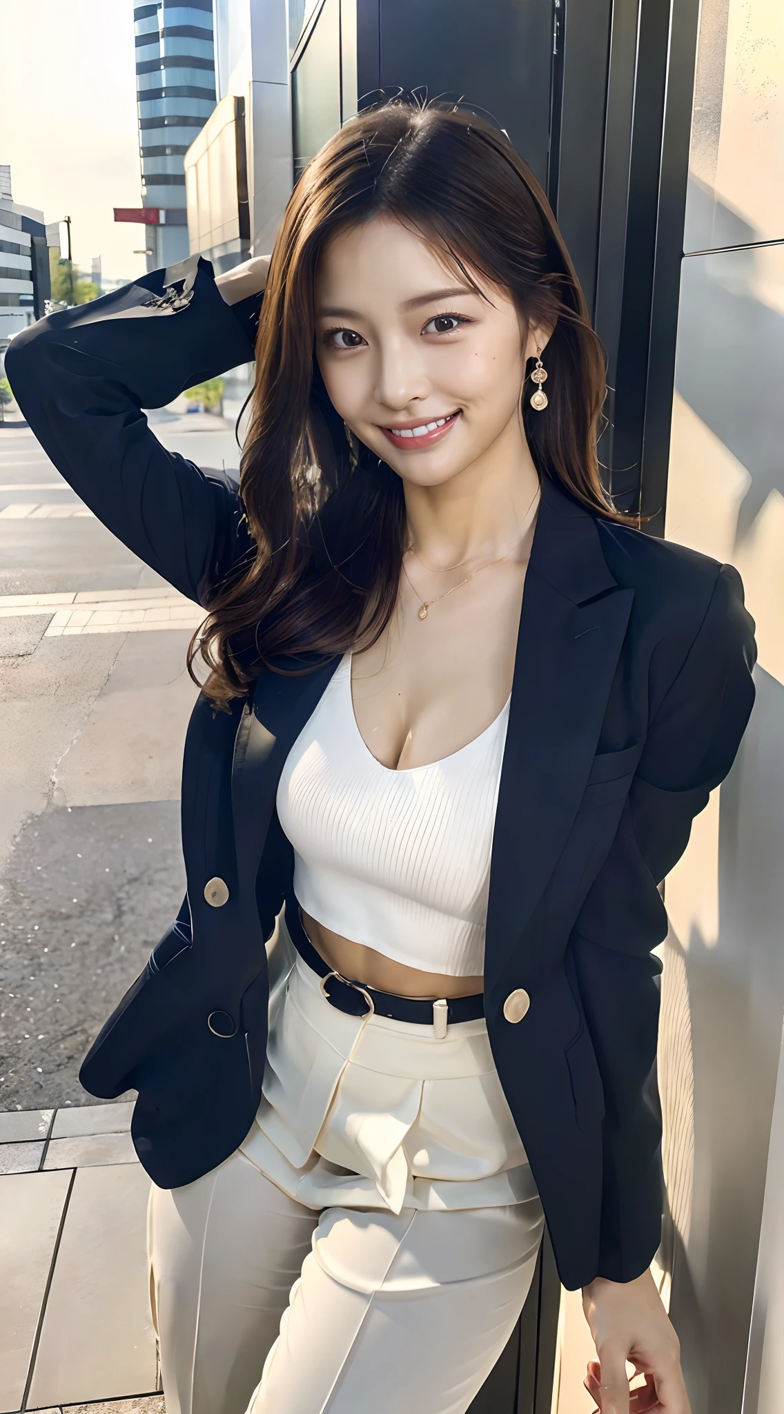 outside of house,Modern buildings, Classy upper-class elite secretary in business shirt, working in an office、Wearing a strict beige blazer, White pants、Wear high-end high heels、 Girl in a shirt, Wear white pants, Wear office casual, Wearing a thin black leather belt,In office casual, businesswoman, newcomer,business clothes, Wear a beige tight suit, Wear a shirt and pants, Woman in business suit, Business attire, business outfit, Raw photo, (in 8K, top-quality、​masterpiece:1.2), (intricate detailes:1.4), (Photorealsitic:1.4)、octane renderings、Complex 3D rendering ultra detail, Studio Soft Light, Rim Lights, vibrant detail, super detailing, realistic skin textures, Detail Face, Beautiful detail eyes, Very detailed CG Unity 16k wallpaper, make - up, (detailedbackground:1.2), Exposed thighs!!!,(model poses, little smiling,opens legs, Embarrassing pose, Wistful gestures and facial expressions:1.5), (Expensive lingerie),Modern office district,outside of house