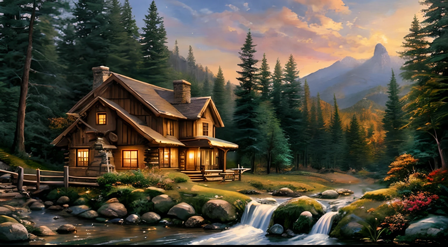 painting of a cabin in a mountain stream with a waterfall, children play around cabin,  4 k oil painting, beautiful oil matte painting, oil painting 4 k, oil painting 4k, cottage in the forest, beautiful oil painting on canvas, beautiful digital painting, smooth oil painting, beautiful art uhd 4 k, 8 k hd detailed oil painting, oil digital painting, Inspired by Thomas Kinkade.