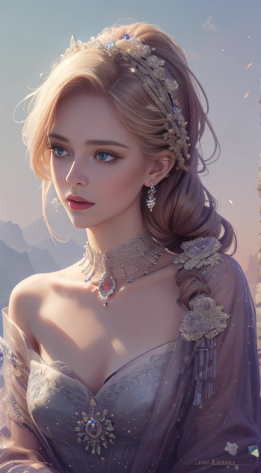 杰作，最高分辨率，美丽皇室女性的动态半身像，精致的金色辫子头发，紫色清澈的眼眸，头发上布满了美丽精致的花卉工艺, 水晶珠宝花丝，极其详细的细节，升级版。