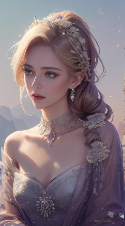 tmasterpiece，Highest high resolution，Dynamic bust of beautiful royal woman，Delicate blonde braided hair，Purple clear eyes，Hair is covered with beautiful and delicate floral craftsmanship, Crystal Jewelry Filigree，Ultra-detailed details，upscaled。