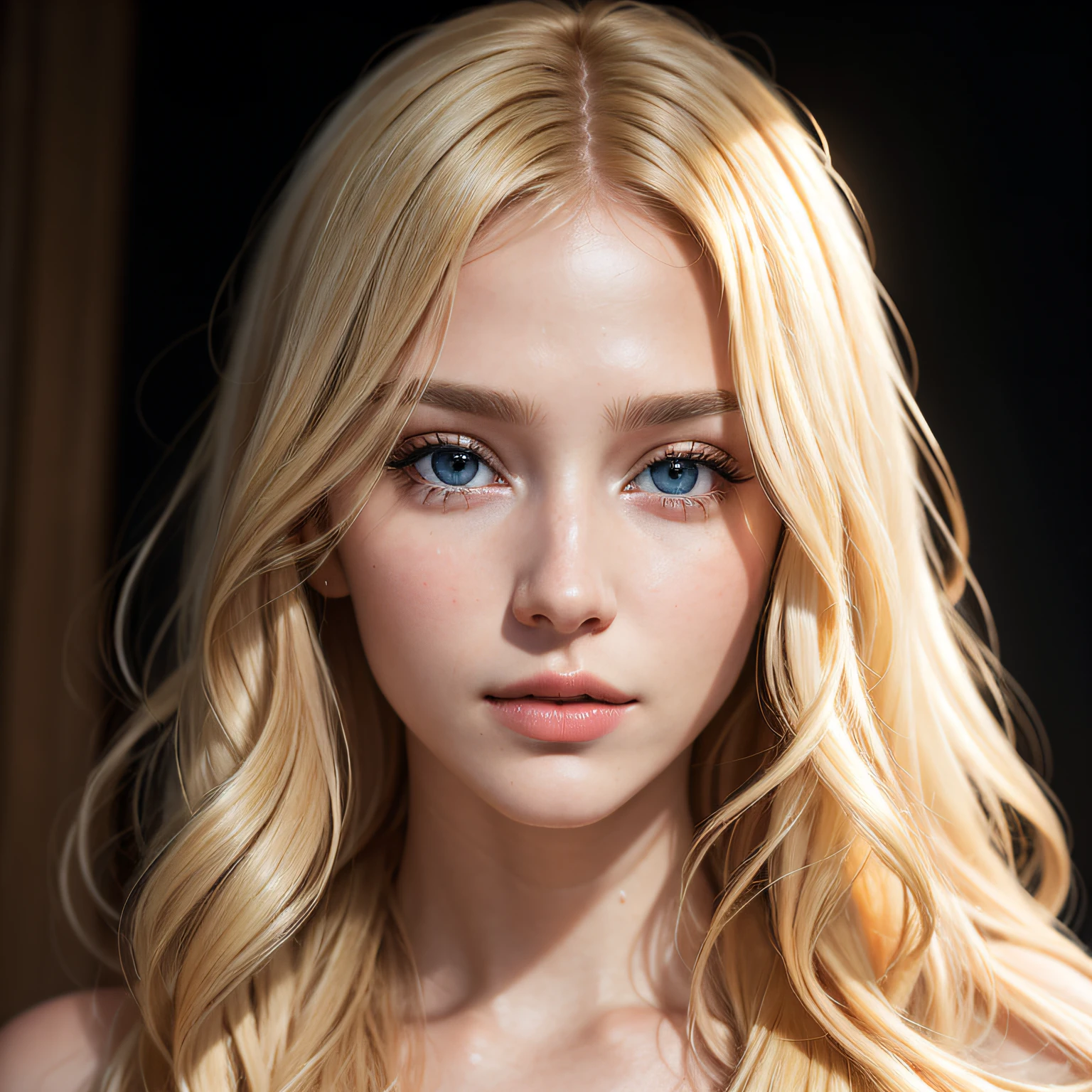 Beautiful 20 year old blonde Swedish girl, .RAW, beautiful woman, (extra long wavy blonde hair), ((portrait)), ((Detailed face:1.2)), ((Detailed facial features)), (finely detailed skin), pale skinned, (couleur froide), humide, humide, Reflectors, (masutepiece) (proportions parfaites)(Realistic photos)(Best quality) (Detailed) photographed in a Canon EOS R5, Objectif 50mm, f/2.8, nffsw, (8k) (wallpaper) (lighting cinematic) (dramatic lighting) (mise au point nette) (complicated) mode, from front, ultra realism, yeux sexy, Blonde Scandinavian Goddess, ultra detail face, detailed lips