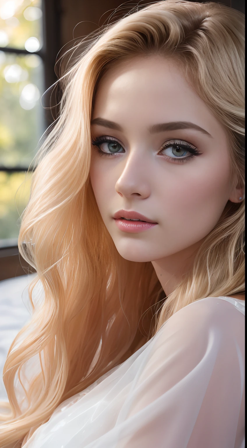 Photo of a 20-year-old European woman, .primitive, Beautiful woman, (extra long wavy blonde hair), ((sportrait)), ((Detail Make:1.2)), ((Detailed facial features)), (Fine fine skin), Pale skin, , Wrapped in sheets, room environment, Lie down in bed, (cool colours), soggy, soggy, Reflectors, (masutepiece) (perfectly proportions)(photograph of-realistic)(Best quality) (A detailed) Shot on a Canon EOS R5, Spring 50mm, f/2.8, nffsw, (8k) (Wallpapers) (Cinematic lighting) (Dramatic lighting) (sharp focus) (complex) lo fashion, from the above