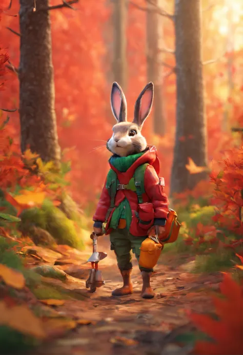 3D rendering of (A photo of an adventurous rabbit sister standing on a path between the autumn leaves), hairy, Clear and beautiful face, Big green bright eyes, （Binoculars hanging from her chest：1.37）, Sister Bunny is wearing a green fashion adventure outf...