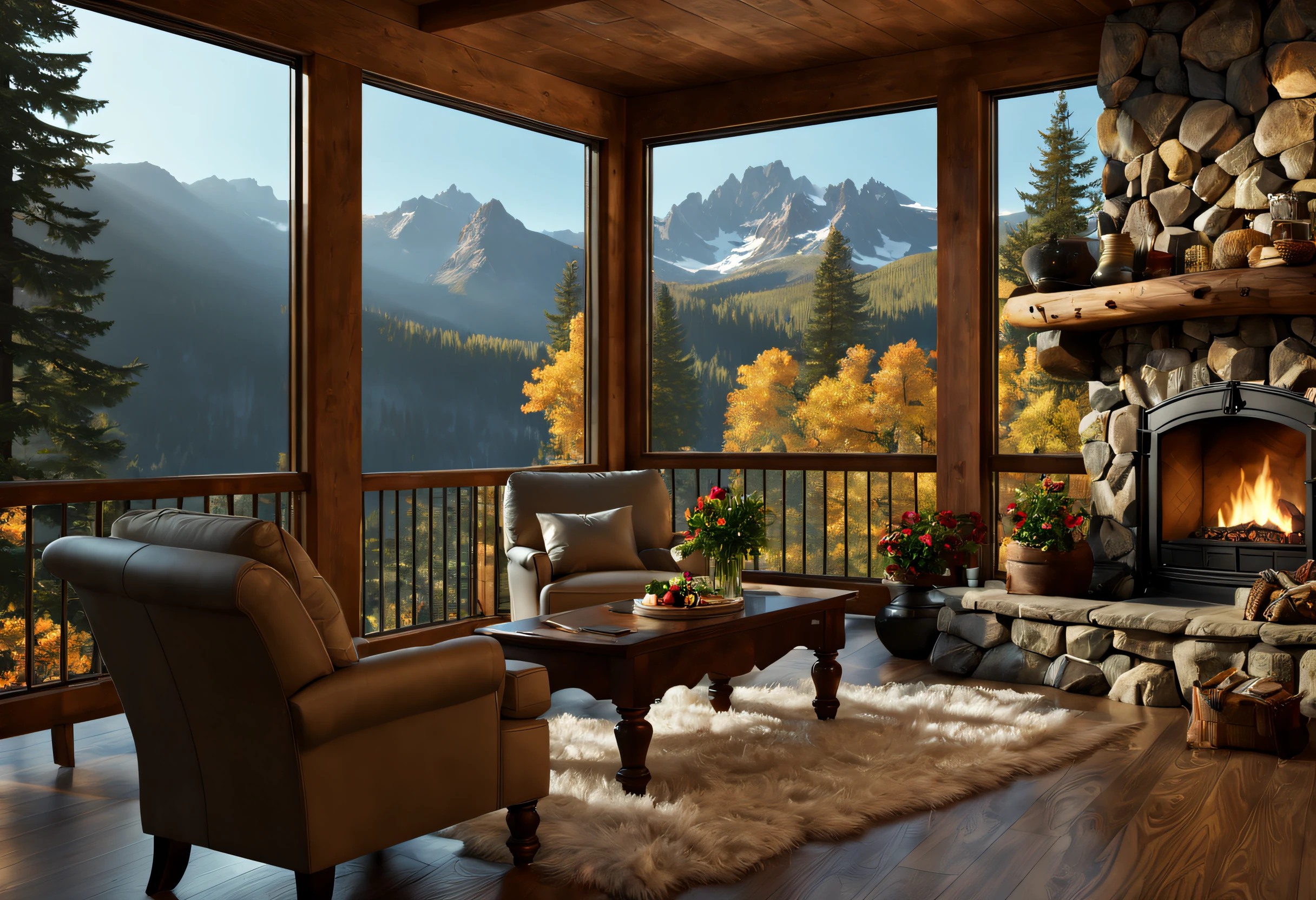 (best quality,4k,8k,highres,masterpiece:1.2),ultra-detailed,(realistic,photorealistic,photo-realistic:1.37),Mountain Cabin,cozy cabin,wooden cabin surrounded by mountains,serene atmosphere,great attention to detail,peaceful setting,panoramic view of the mountains and forest,secluded location,large windows with breathtaking views,quaint and rustic design,smoke coming out of the chimney,warm and inviting ambiance,crackling fireplace,comfy furniture,soft and warm lighting,tranquil colors,natural materials,wood paneling,beautifully landscaped garden with colorful flowers and plants,clear blue sky,fresh air,gentle breeze,rustling leaves,quietude and serenity,hiking trails,nature exploration,adventure,hideaway,escape from the busy city life,perfect place for relaxation and meditation.