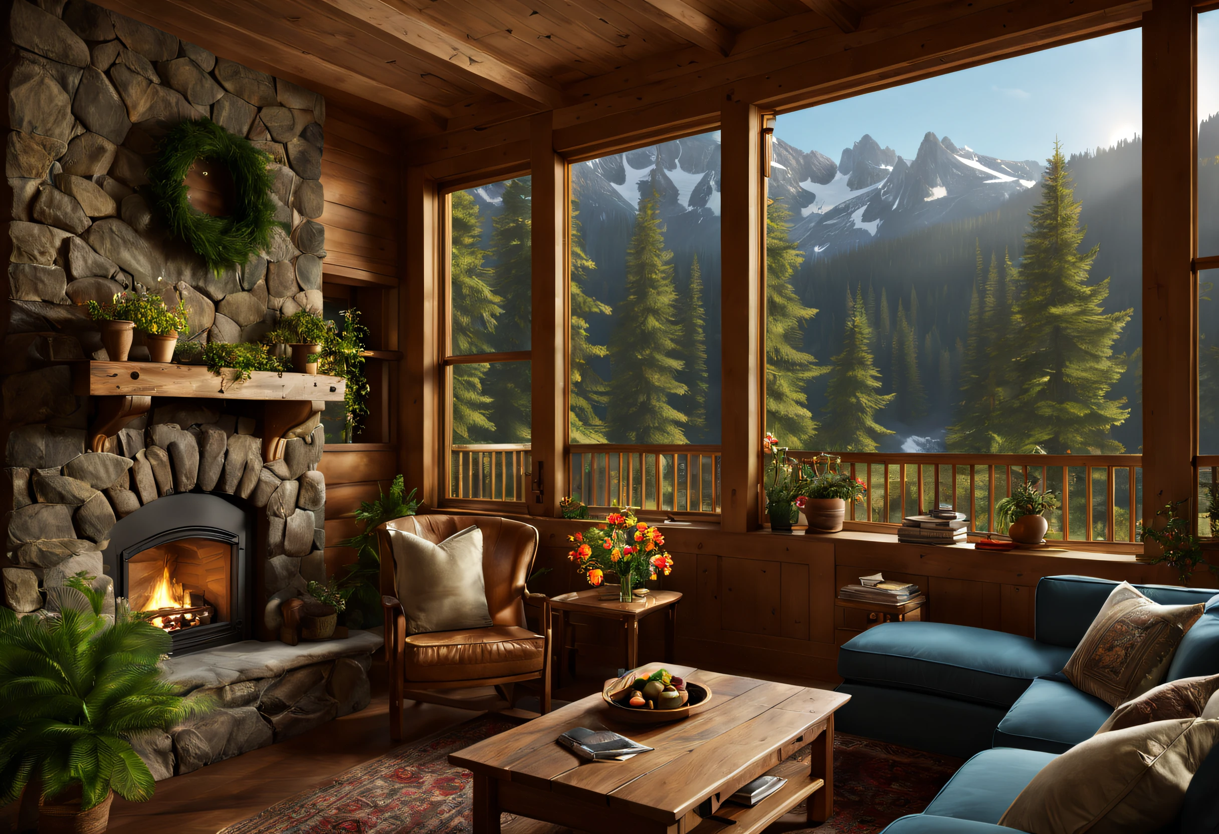 (beste Qualität,4k,8k,highres,Meisterwerk:1.2),ultra-detailliert,(realistisch,photorealistisch,photo-realistisch:1.37),Berghütte,gemütliche Hütte,Holzhütte umgeben von Bergen,ruhige Atmosphäre,große Liebe zum Detail,ruhige Lage,Panoramablick auf Berge und Wald,Alleinlage,große Fenster mit atemberaubender Aussicht,uriges und rustikales Design,Rauch kommt aus dem Schornstein,warmes und einladendes Ambiente,knisternder Kamin,Bequeme Möbel,sanfte und warme Beleuchtung,ruhige Farben,Natürliche Materialien,Holzverkleidung,wunderschön angelegter Garten mit bunten Blumen und Pflanzen,klarer blauer Himmel,Frische Luft,leichte Briese,raschelnde Blätter,Ruhe und Gelassenheit,Wanderpfade,Erkundung der Natur,Abenteuer,Versteck,Flucht aus dem hektischen Stadtleben,Perfekter Ort zum Entspannen und Meditieren.