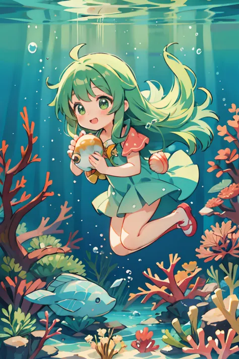 anime girl in green long hair holding a shell, underwater, corals, bubbles, happy, clear shot
