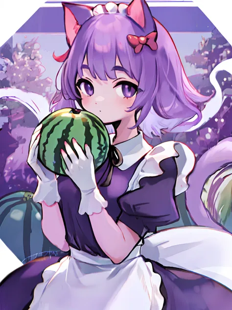 beautiful, masterpiece, best quality, masunya, cat ears, (purple skin color:1.1), maid dress, holding watermelonm highres 4k, in...