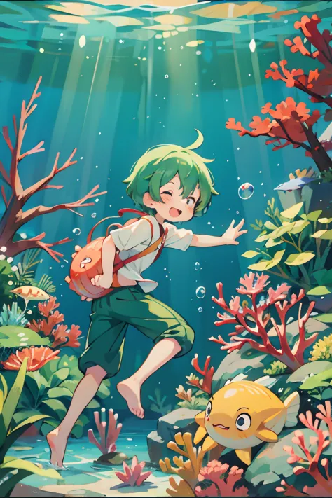 anime boy in green hair holding a shell, underwater, corals, bubbles, happy, clear shot