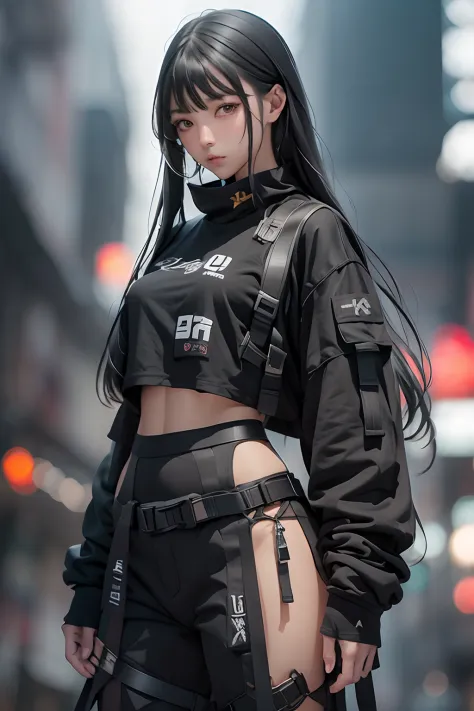 (masterpiece), best quality,1girl, black eyes, long hair, black hair, urban techwear, outfit, blurry background, eye focus, fing...