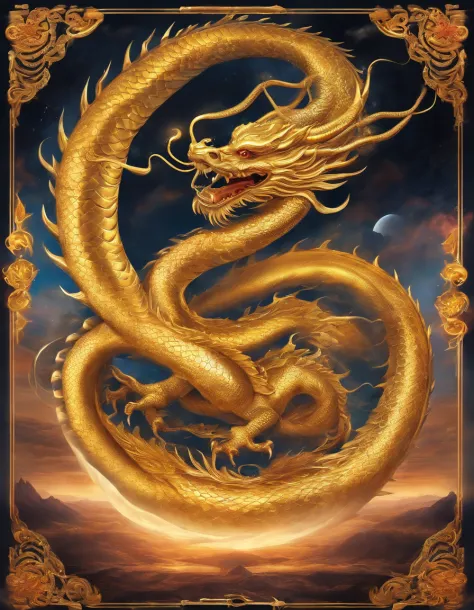 Create an illustration of a golden dragon deity. It should have