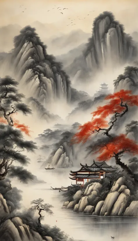 In Chinese landscape painting、Use ink and watercolor styles、We produce by combining water ink antain the screen、Detailed scenery is depicted from a distance to an ultra-wide viewing angle.。A light boat floats in the distance、Stain that meticulous detail、Be...