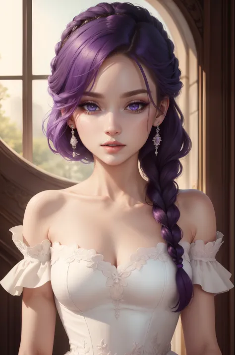 (highres, high quality, masterpiece:1.2), mxmkWhiteDress, bare shoulder, purple eyes, white dress, braid, beautiful detailed eye...