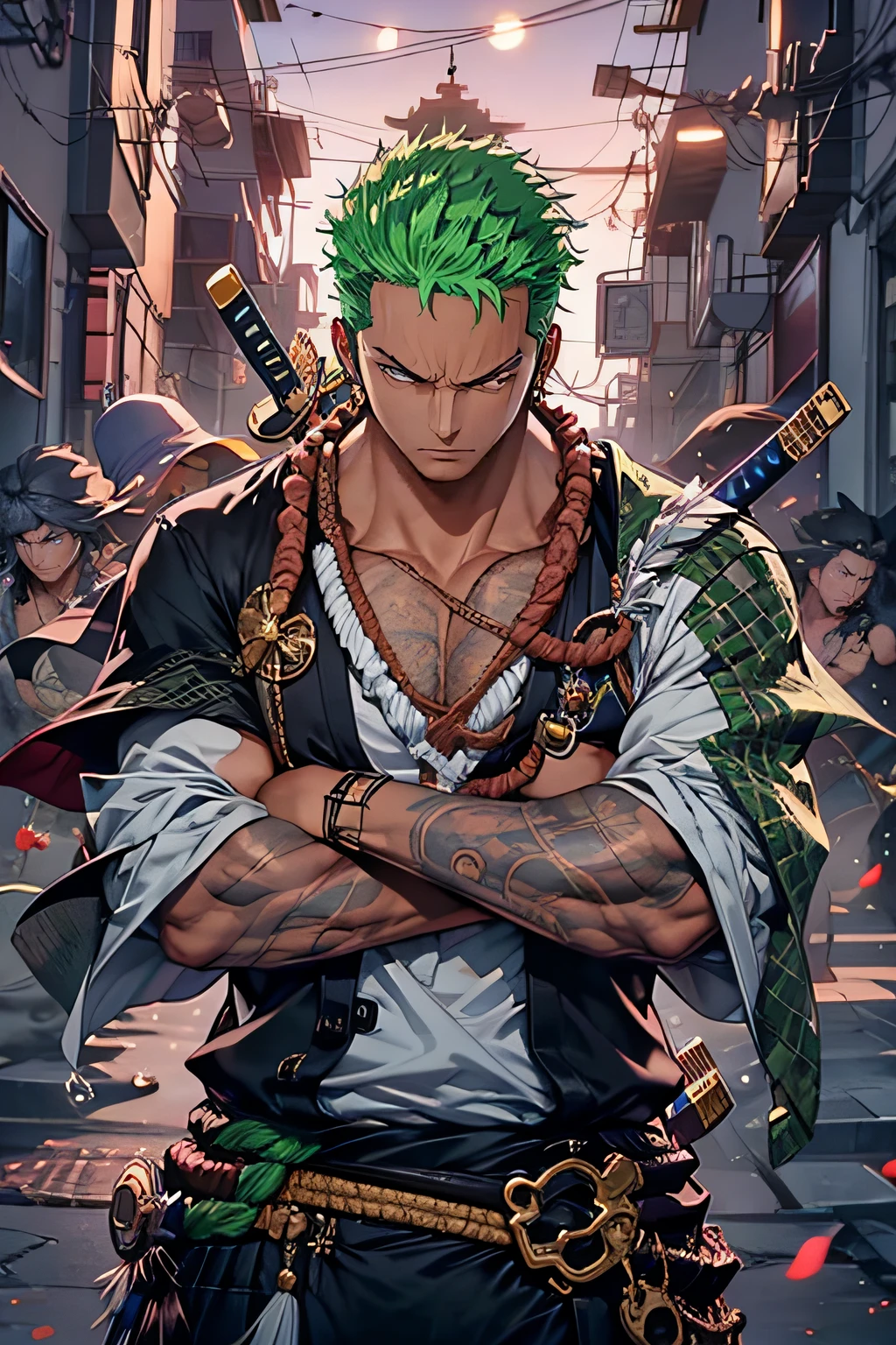 Zoro, solo, Mirando al espectador, Sonreír, cabello corto, ojos rojos, 1er grado, propiedad, joyería, parte superior del cuerpo, arma, Enfoque masculino, juguetes, ropa japonesa, pelo verde, Cuernos, espada, quimono, sosteniendo el arma, de lado, tatuaje, brillante, cicatriz, sosteniendo la espada, Katana, cicatriz en la cara, cicatriz en el ojo, Físico muscular detallado, Representación fotorrealista, resolución 4k. historia de fondo: dojo de artes marciales,HD 32K, mejor calidad, parte maestra, súper detalle, detalles altos, ((hombre fuerte)).