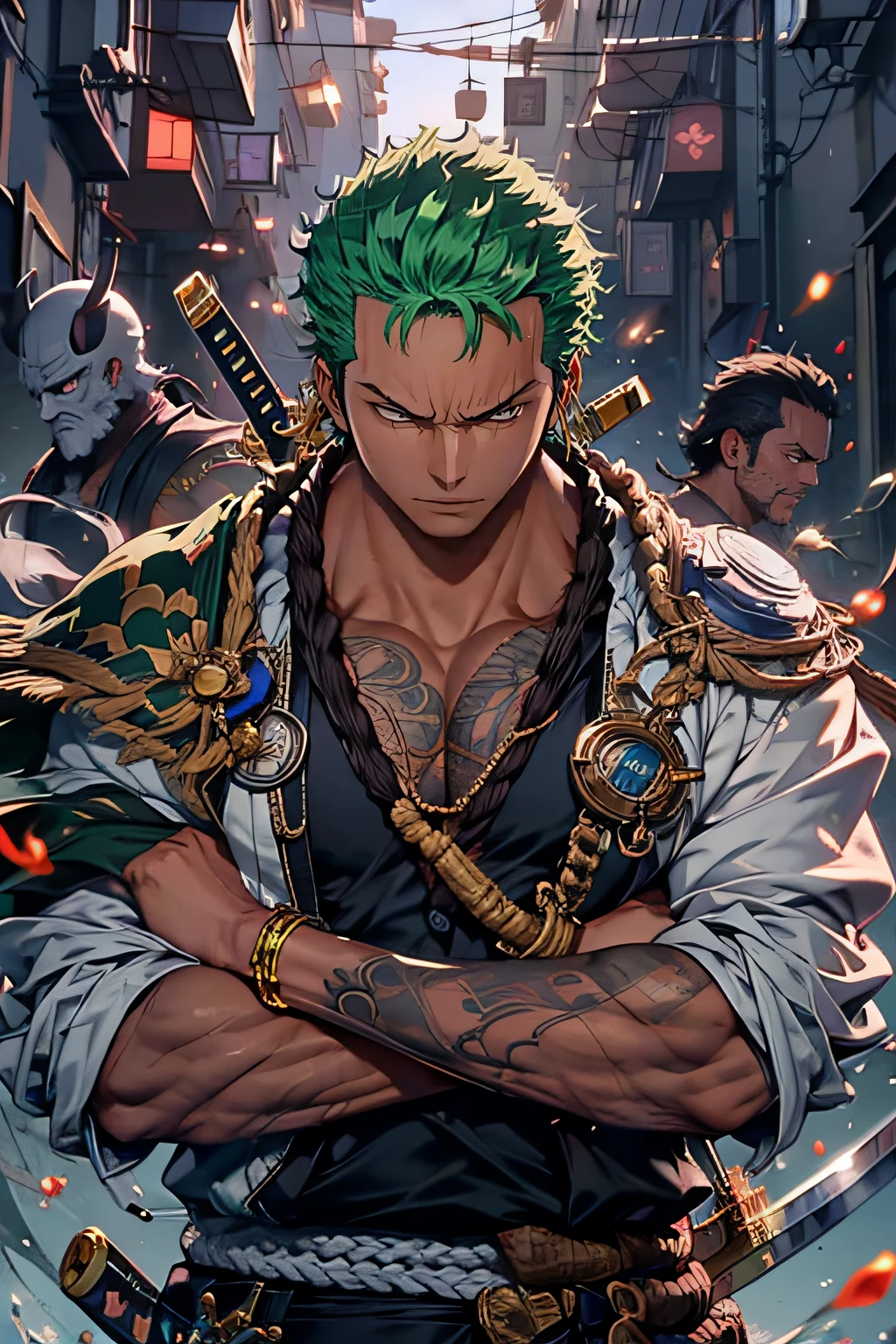 Zoro, sozinho, Olhando para o Viewer, sorrir, cabelo curto, olhos vermelhos, 1st grade, propriedade, jóias, parte superior do corpo, arma, Foco masculino, Brincos, Roupas japonesas, cabelos verdes, Chifres, espada, quimono, segurando arma, lateralmente, tatuagem, brilhante, cicatriz, segurando espada, Katana, cicatriz no rosto, cicatriz no olho, Físico muscular detalhado, representação fotorrealista, Resolução 4k. História de fundo: Dojo de artes marciais,Ultra HD 32K, melhor qualidade, parte mestre, Super Detalhe, Detalhes altos, ((Homem forte)).