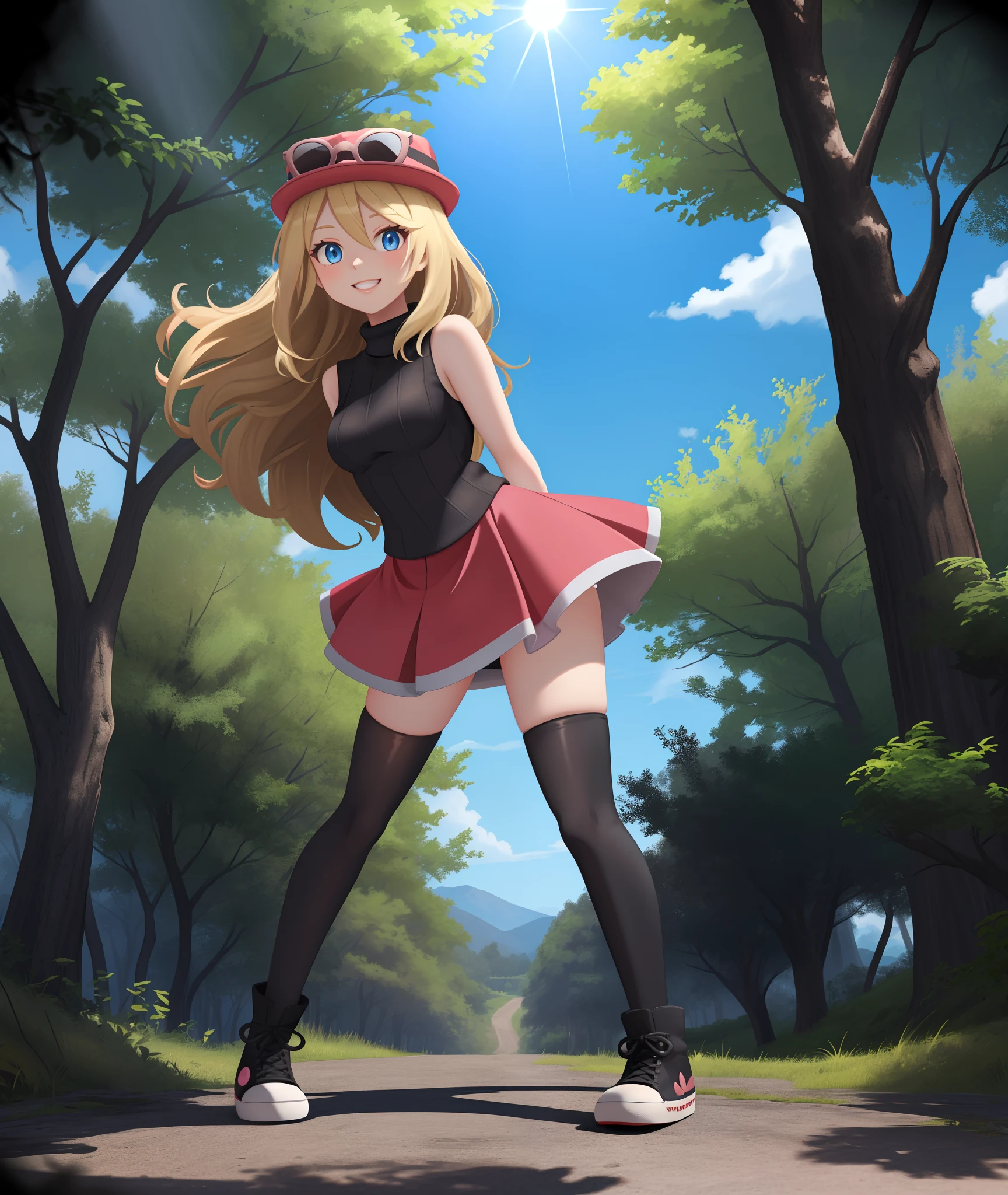 [Serena_(Pokemon)], [Uploaded to rule34.xxx; (kingmaster), (shosho_oekaki), (nekololisama)], ((masterpiece)), ((HD)), ((detailed shading)), ((1girl)), ((solo portrait)), ((full body)), ((front view)), ((cute anime girl)), {(long dirty blonde hair), (cute blue eyes), (gorgeous hips), (beautiful legs), (beautiful lips), (excited smile), (white teeth)}, {(black turtleneck sweater), (sleeveless), (short red skirt), (black opaque thigh-high socks), (black converse sneakers), (pink hat on head), (sunglasses on hat)}, {(standing), (arms behind head), (looking ahead)}, [background; (park), (trees), (trees), (sun rays through trees)]