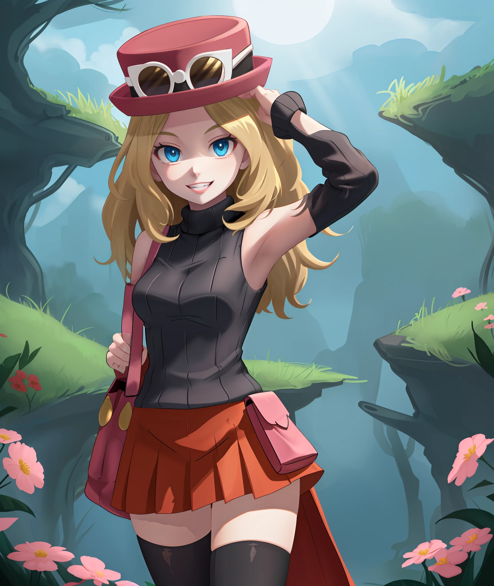 [Serena_(Pokemon)], [Uploaded to rule34.xxx; (kingmaster), (shosho_oekaki), (nekololisama)], ((masterpiece)), ((HD)), ((detailed shading)), ((solo portrait)), ((cowboy shot)), ((front view)), ((cute anime girl)), ((detailed shading)), ((soft textures)), ((soft coloring)), ((cinematic lighting)), {(long dirty blonde hair), (cute blue eyes), (gorgeous hips), (beautiful legs), (beautiful lips), (excited smile), (white teeth)}, {(black turtleneck sweater), (sleeveless), (short red skirt), (black opaque thigh-highs), (pink hat on head), (sunglasses on hat)}, {(standing), (hand on head), (holding purse), (looking ahead)}, [background; (grass plains), (flowers in background), (blue sky), (sun rays)]