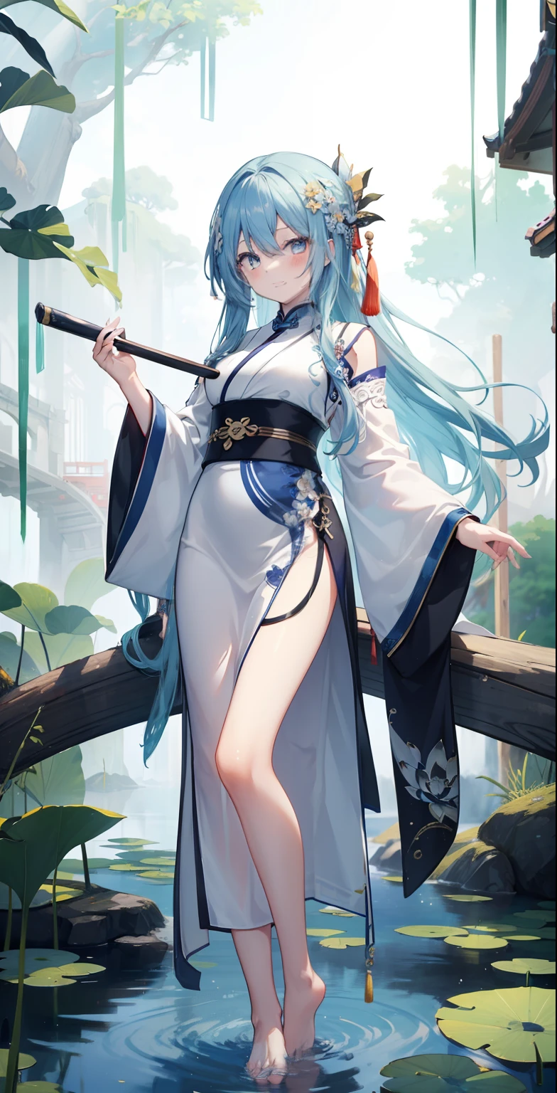 ((4k, masterpiece, best quality)), shuimobysim, traditional chinese ink painting, lotus, hanfu, maxiskit, 1girl conservative dress, solo, long blue hair, smile, standing, feet in water, barefoot,