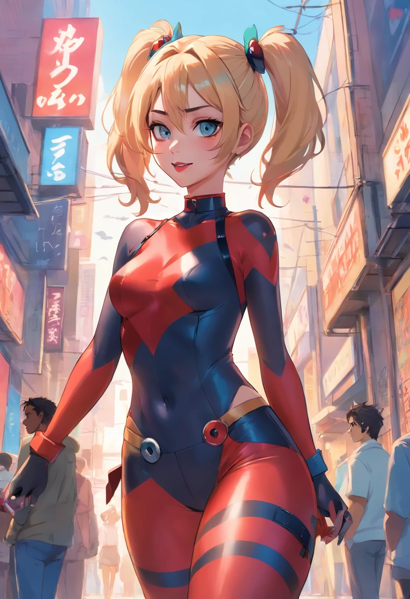 A woman in a red and black suit standing in a city - SeaArt AI