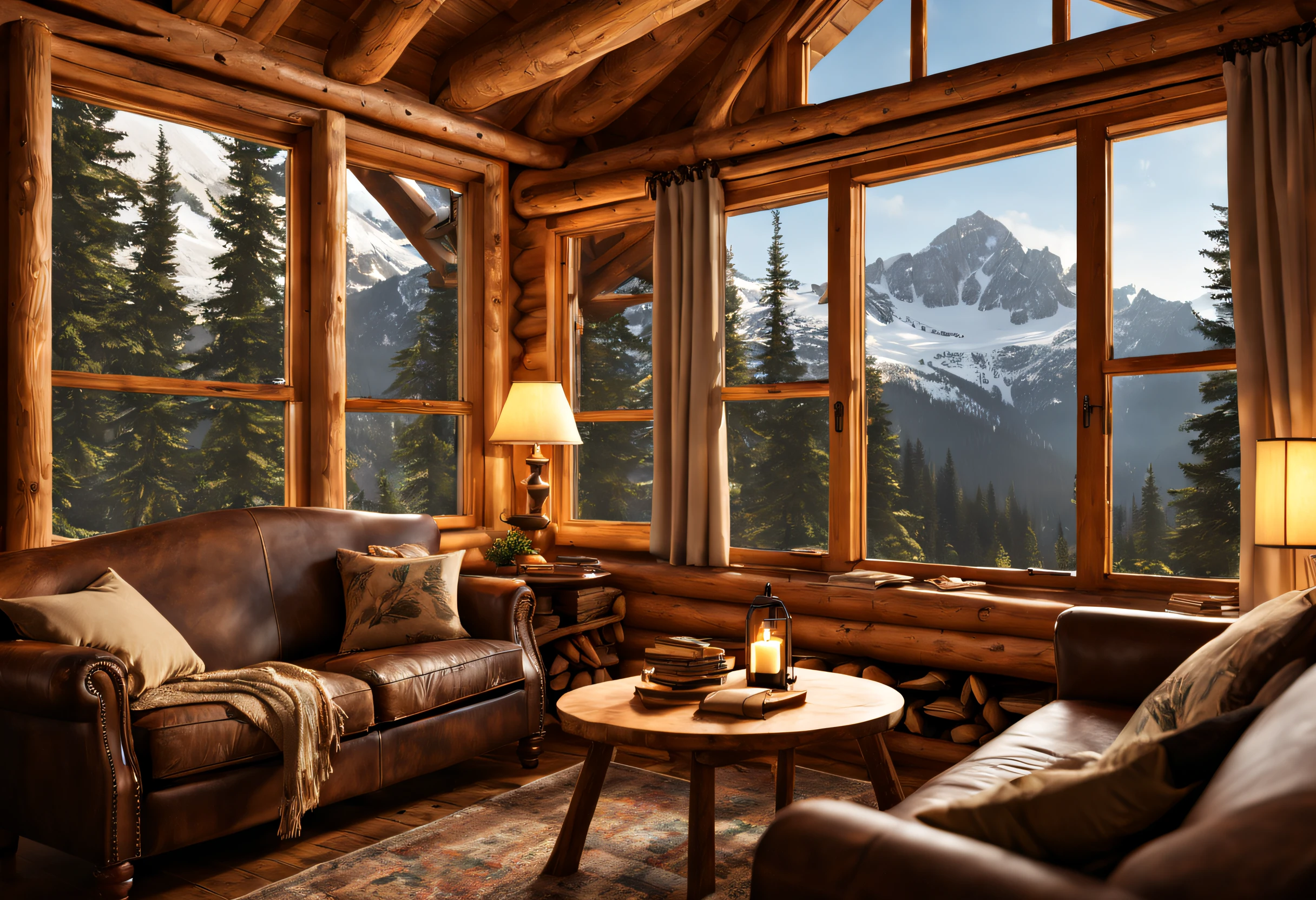 (best quality,4k,8k,highres,masterpiece:1.2),ultra-detailed,(realistic,photorealistic,photo-realistic:1.37),Small mountain cabin,wooden cabin with beautiful details and craftsmanship,secluded location,nestled in the pristine forest,tucked away among towering trees,cozy interior with a crackling fireplace,warm and inviting atmosphere,panoramic view of majestic snow-capped mountains,stunning landscapes visible from every window,tranquil and serene,surrounded by lush greenery,majestic peaks in the distance,picturesque mountain range in the backdrop,crisp and fresh mountain air,light streaming through the tall windows,illuminating the rustic furniture and wooden beams,soft and cozy blankets and cushions,wood-burning stove providing warmth,inviting aroma of home-cooked meals lingering in the air,exquisite wooden furnishings,each piece crafted with love and care,natural materials giving a sense of warmth and comfort,fireplace mantel adorned with hand-carved decorations,inviting nooks and corners to curl up with a book,peaceful sound of crackling fire mixing with distant bird songs,flickering candlelight casting a warm glow on the walls,artistic paintings and photographs adorning the walls,a small library of books for hikers and mountaineers,every corner of the cabin filled with stories and memories,enticing aroma of freshly brewed coffee,steaming mugs on the table,inviting hikers and mountaineers to rest and recharge,cosy bedrooms with comfortable beds and soft linens,restful sleep after a long day of exploring the mountains,starry nights with millions of twinkling lights overhead,a mountain cabin retreat for adventure and tranquility.