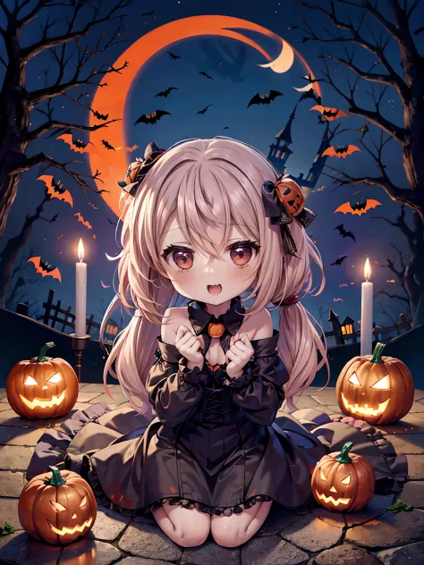 (Chibi:1.6),absurderes, ultra-detailliert,bright colour, extremely beautiful detailed face and eyes,top-quality、masutepiece、horor、Valley、cabelos preto e longos、red eyes、Return blood、Ruins、starrysky、Red Moon、Open chest、(Halloween Party:1.3)、Lots of bats、Lot...