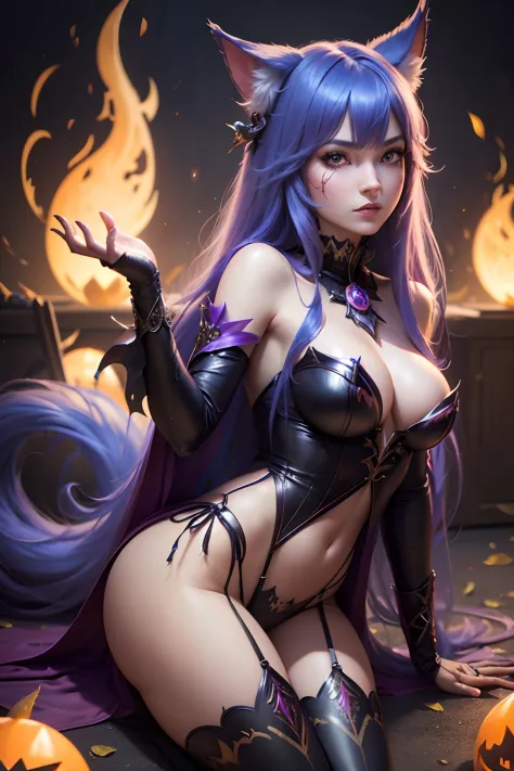 realistic ahri, in Helloween style, 8k resolution, (best quality: 1.1), (anatomically correct: 1.1), (perfect hand: 1.1 ), ( (Facial Detail: 1.3)), (Skin Detail), (Perfect Eyes), (Perfect Nose), (perfect hand fingers)