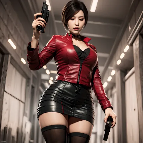 (masterpiece:1.2, Best Quality:1.2), ((Ada Wong, super beautiful woman)), Resident evil, (Red jacket, Leather jacket, Erotic pan...