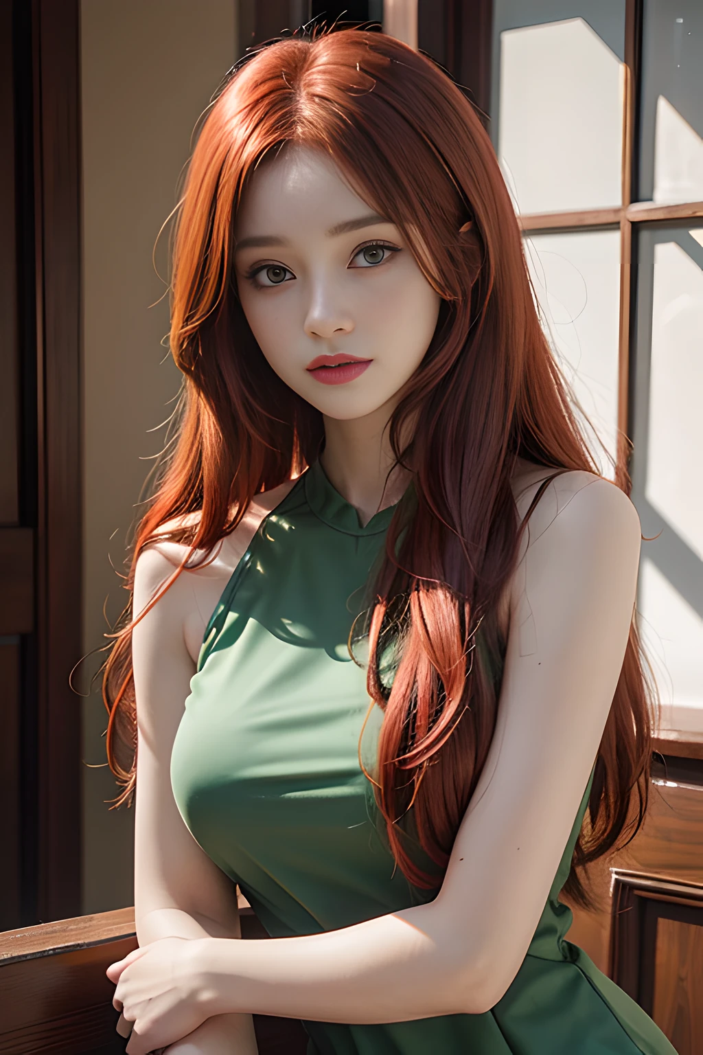 A close up of a woman with long red hair posing for a picture - SeaArt AI