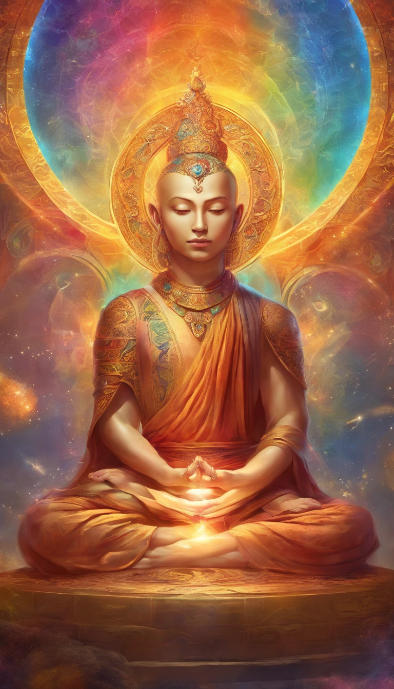 Monk meditating in front of a rainbow halo background, Mandala style, Art germ, UHD image, gongbi, Visual harmony, Mysterious mechanics, Queen's seat
