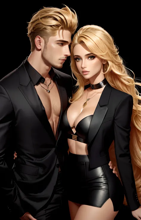 Um casal muito sexy, se encarando de perfil em uma boate de fundo, The woman is blonde and has long hair, The woman is wearing a modern black skirt and jacket set with a cleavage on her breasts and a well-behaved slit on her leg, The man is Moreno, de cabe...